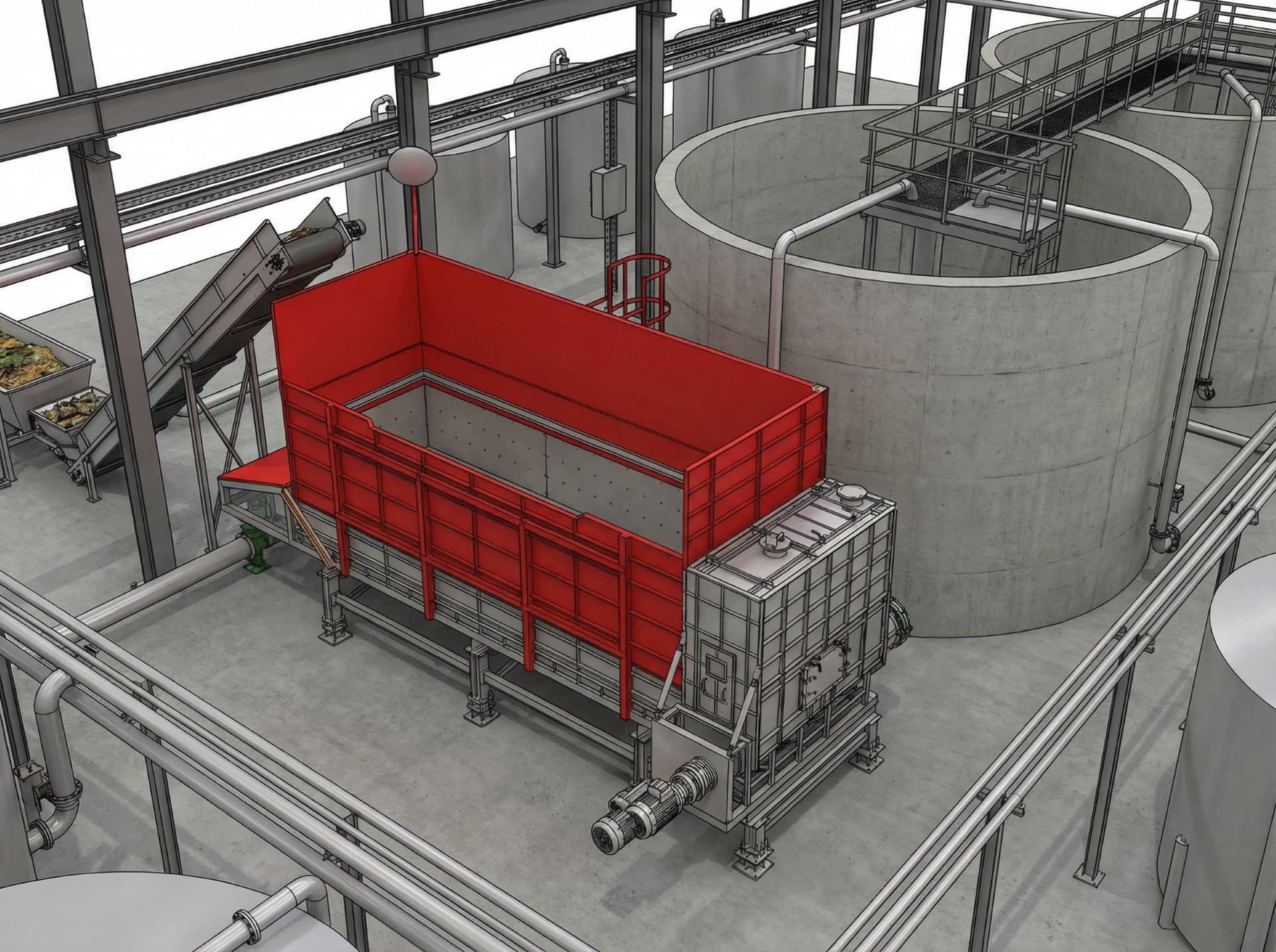 Push-floor dosing system with inclined screw conveyor and IBC tank, installed alongside concrete digester tanks