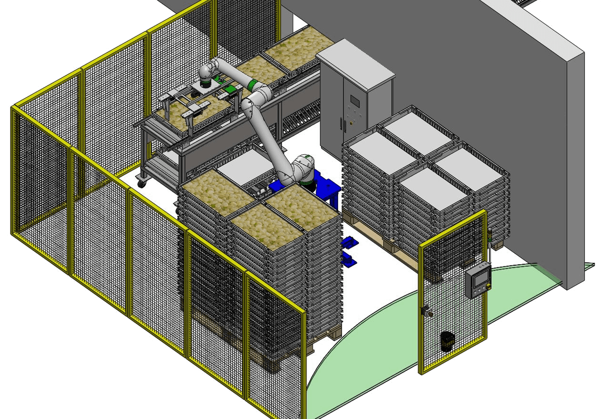 Render of a fenced robotic palletising cell stacking product trays onto two pallet positions